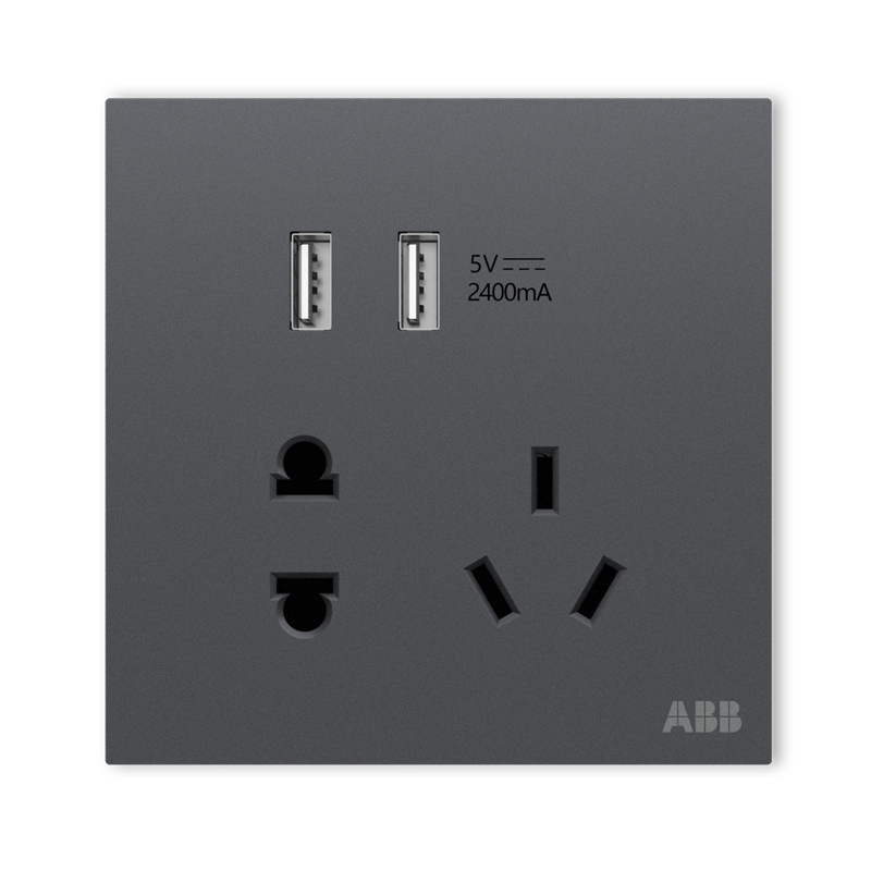 ABB Switch Socket Panel, Yingzhi Series Gray 86-Type Five-Hole with Dual USB Charging Socket, CA293-MG
