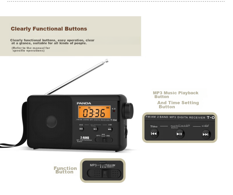 Panda T-02 All-Band Radio, Elderly Gift, TF Card Slot, Portable, Old-Style Rechargeable, Car-Mounted Backup, Semiconductor, Black 9