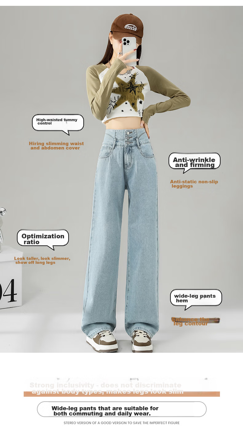 LangSha Women's Jeans, Spring And Summer Three-Button High-Waist Loose Wide-Leg Pants, Slimming Thin Vintage Straight-Leg Trousers for Wome 4