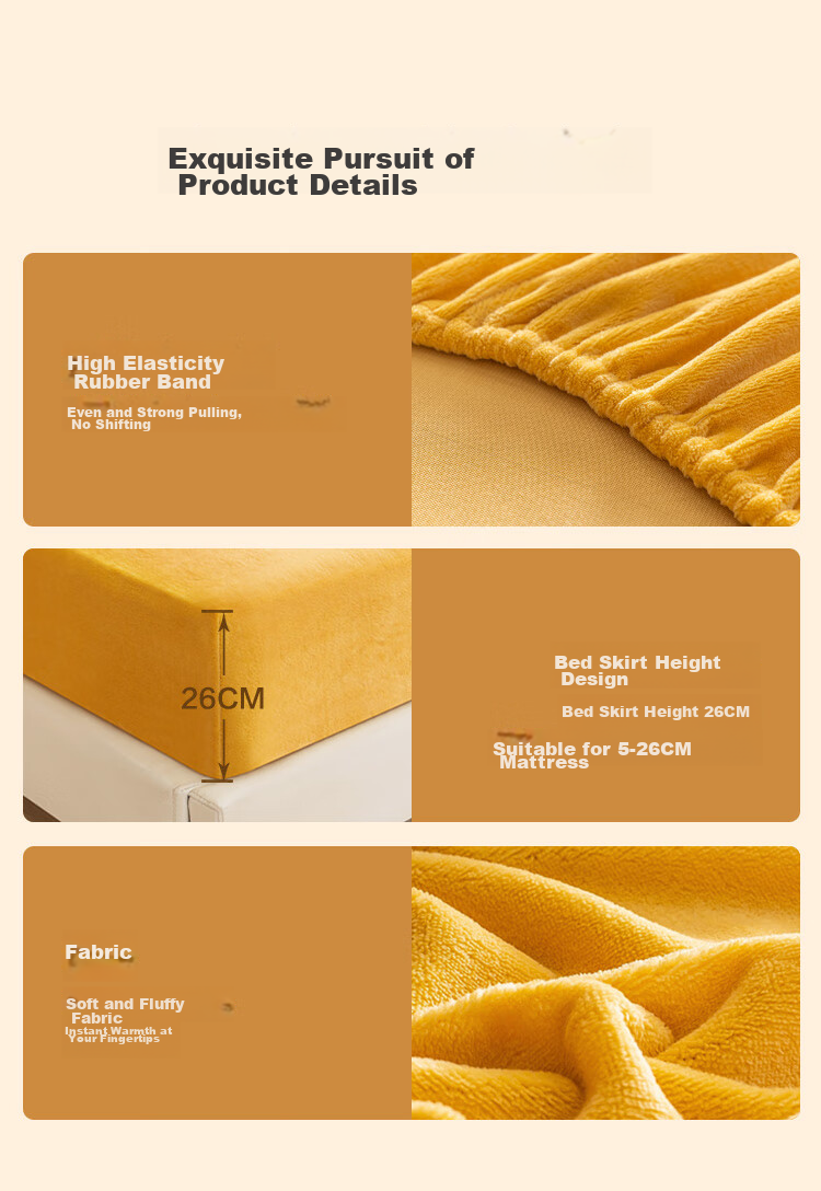 JD Original 220g Thickened Milk Velvet Fitted Sheet, Non-Static A-Class Winter Bed Cover Mattress Protector, for 1.8-Meter Bed, Warm Yellow 16