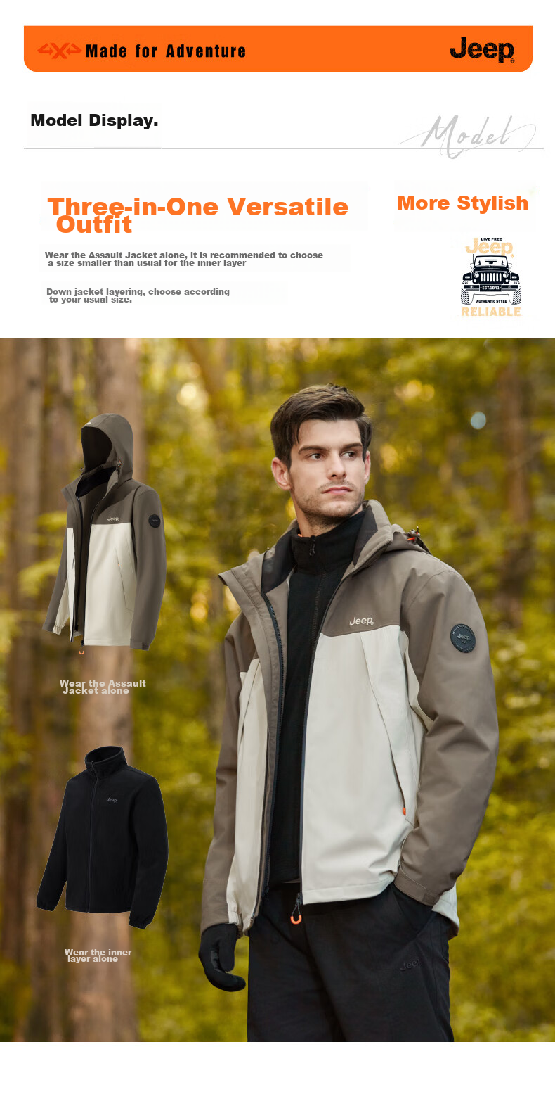 JEEP Windbreaker Jacket for Men And Women, Autumn And Winter Outdoor Three-In Windproof And Warm Mountaineering Coat, Vintage White, 3XL 22