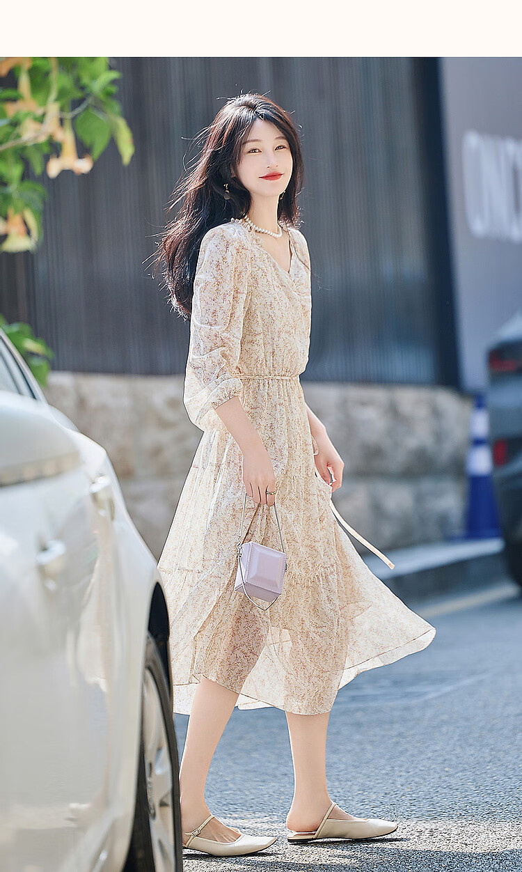Dme [Fresh And Comfortable] Spring And Autumn Lightweight Chiffon Floral Print Women's Dress, Square Neckline, Ruffle Trim, Puff Sleeves, One-Piece Dress 13