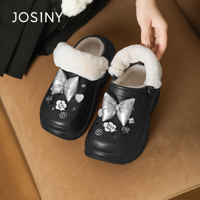 Josiny Fleece-Lined Perforated Shoes for Women, Thick-Soled Winter Warm Outdoor Cute Fluffy Cotton Slippers, Black, Size 40