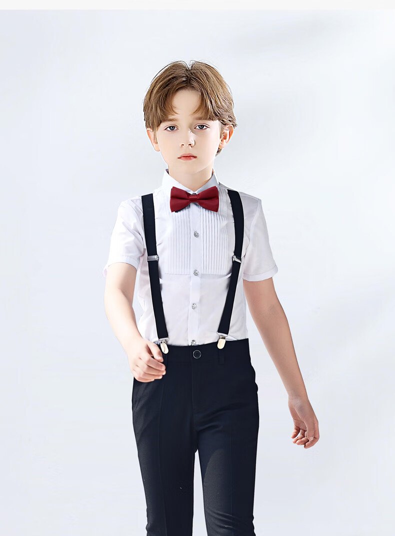 Yinuofang Children's June 1st Performance Costume, Boys' School Uniform, Class Outfit, Formal Wear, Suspender Pants Set, Short-Sleeve Long Pants, Size 120 2