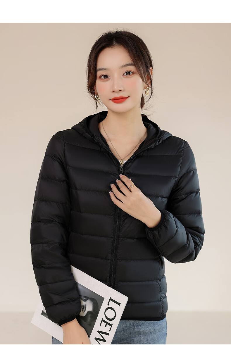 Jeanswest Women's Spring Autumn Hooded Lightweight Short White Duck Down Jacket Black S 8