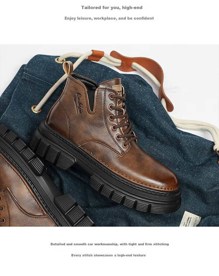 Bull Family Men's Autumn Winter British Style Martin Boots High-top Retro Versatile Work Boots Thick-soled Durable Shoes for Men 19
