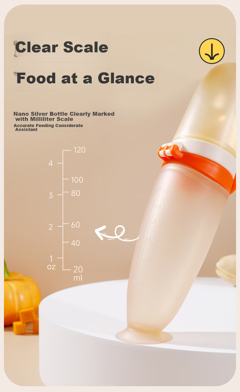 Barbie Elephant Baby Rice Paste Spoon And Bottle, Silicone Large Capacity Squeeze Feeding Tool for Complementary Food, Newborn Gift Box, Orange 11