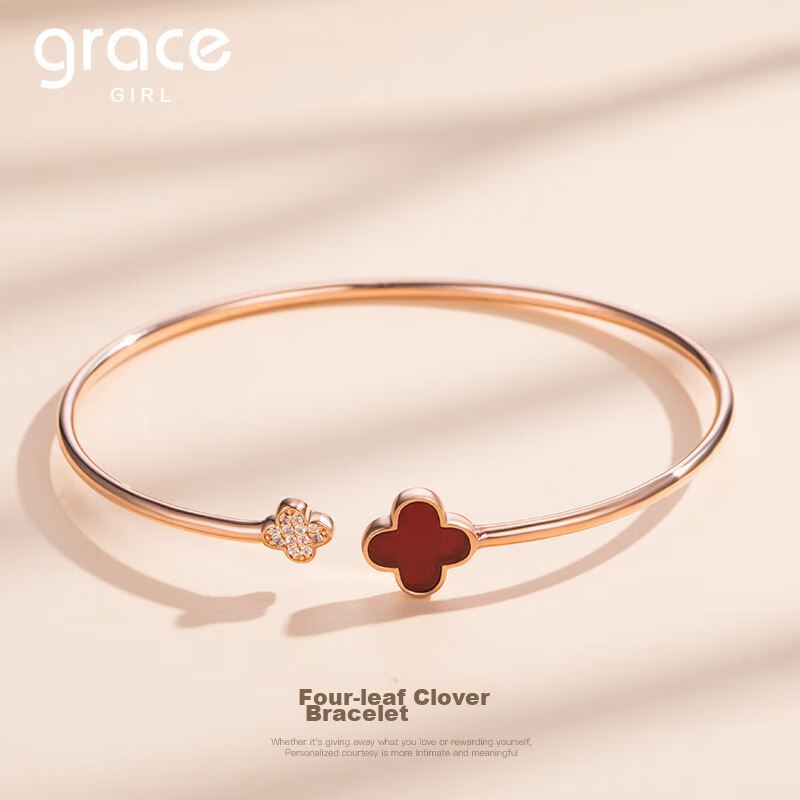 Grace Girl Four-Leaf Clover Bracelet for Women, Rose Gold Color, Niche Fashion Jewelry, Anniversary Birthday Gift for Girlfriend
