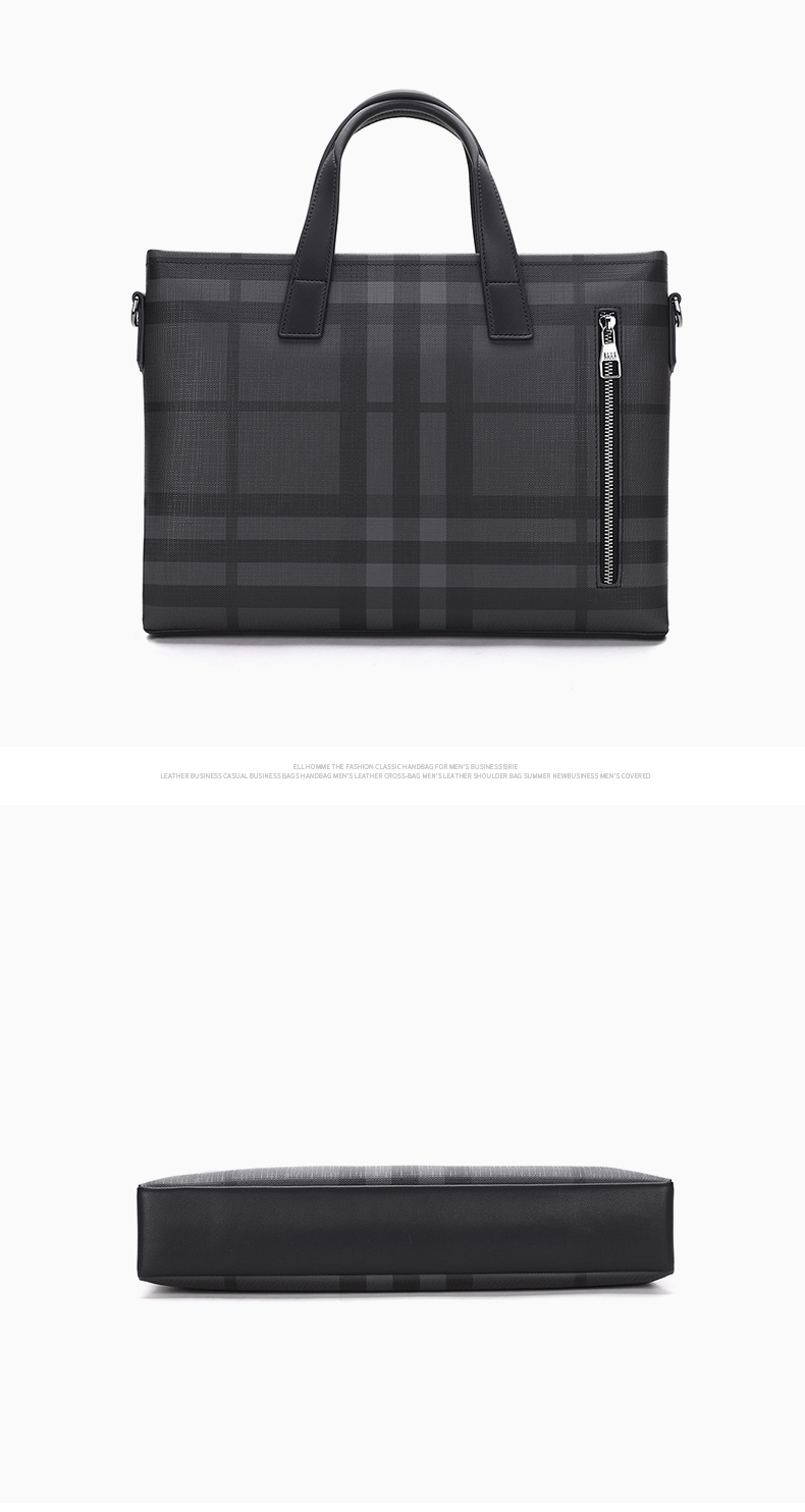 ELLE HOMME Men's Briefcase, Fashionable Striped Contrasting Color Handbag, Large Capacity PVC with Leather Shoulder Crossbody Bag, 14-Inch Laptop Bag EA188211211 Black And Gray 9