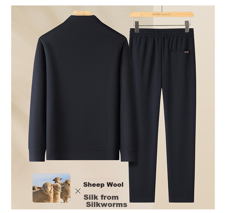 MONTAGUT Spring And Autumn Men's Stand-Collar Jacket with Mulberry Silk, Casual Sweatpants, Sporty Fashion Two-Piece Set, Black, Size 54 15