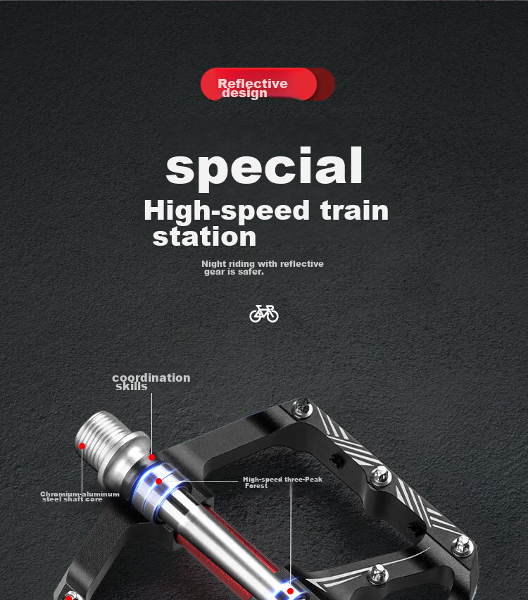 Move Iron Bicycle Pedals, 3-Bearing Anti-Slip Pedals, CNC Aluminum Alloy Road And Mountain Bike Reflective Strips, Universal Foot Pedals 6