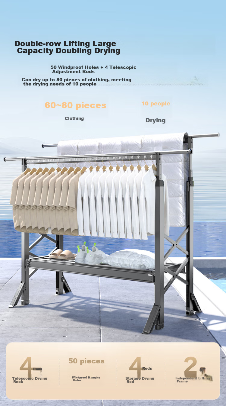 JD Original Floor Folding Double-Pole Clothes Drying Rack, Adjustable Aluminum Alloy Retractable Clothes Hanger for Outdoor Balcony And Bedding Drying 3