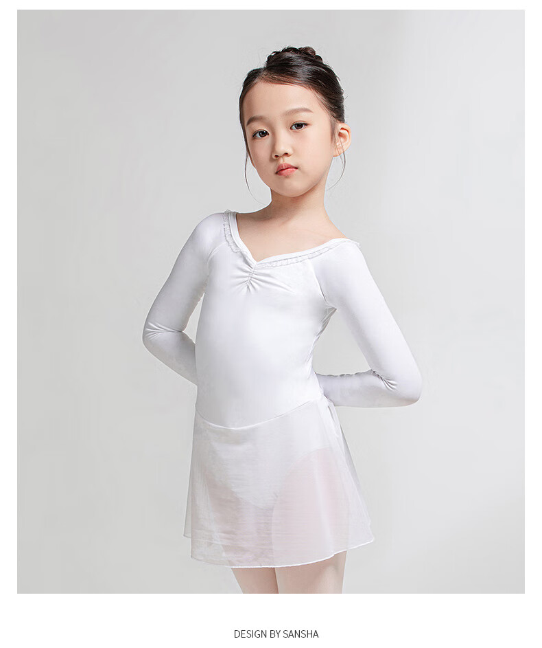Sansha Ballet Practice Dress, Children's Dance Costume Long-Sleeve Dress Chiffon V-Neck Lace Bodysuit Dress, Light Blue, M 13