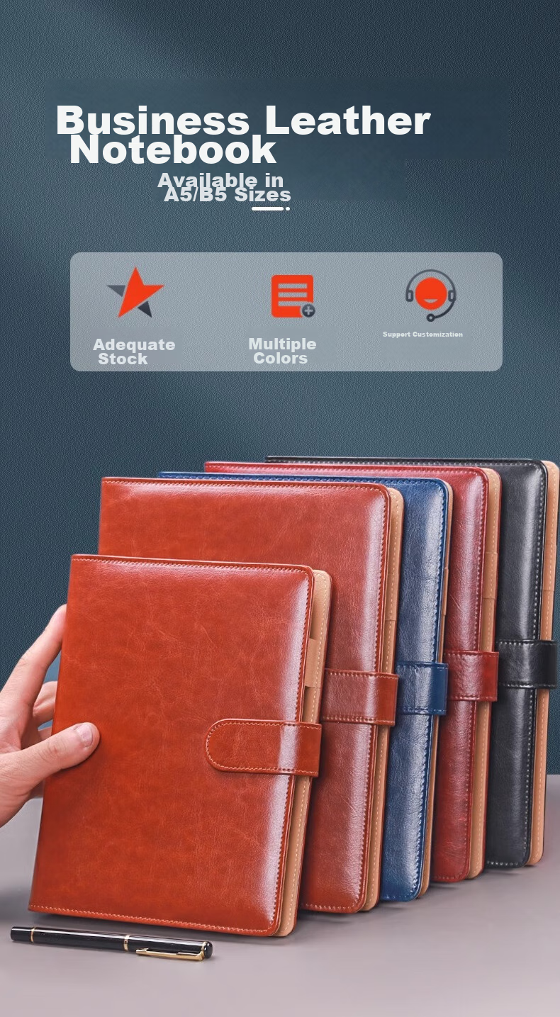 Xutong Loose-Leaf Notebook, B5 Size, Simple Leather Cover, 100 Sheets, 200 Pages, 9 Holes with Magnetic Clasp, Card Slots, for Office Meetings And Record Keeping, Detachable Loose-Leaf Notebook, Can Print LOGO 1
