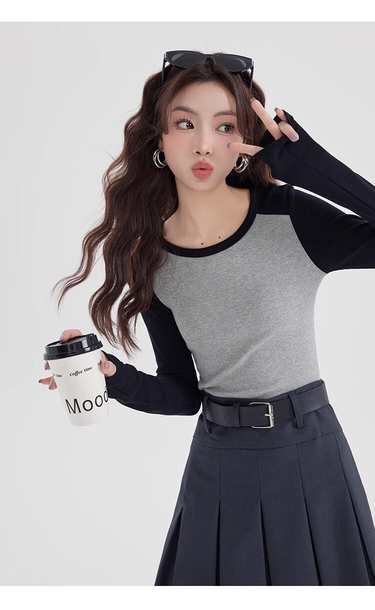 NOME Color Block Spliced Long Sleeve T-Shirt for Women, Autumn New Style Design Inner Layer Raglan Sleeve Top, Gray, L 22