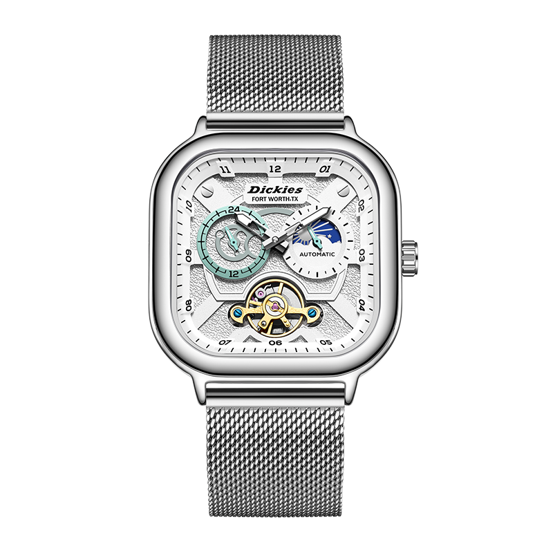 Dickies Mechanical Watch, Student Men's Fully Automatic Skeleton Square Luminous Watch, Boyfriend 2026 New Gift CL579 Silver