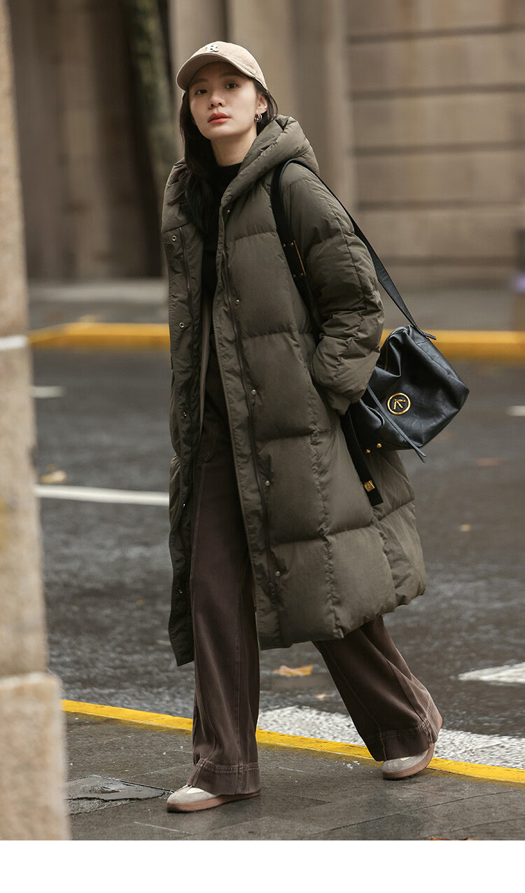 Dme [Retro Long Hooded Down Jacket] Winter Style with Side Pockets, Waist Belt, Long Women's Down Coat, Coffee Color, M 19