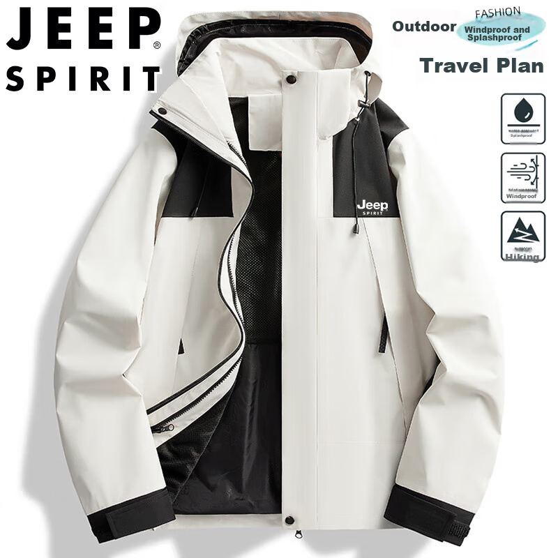JEEP SPIRIT Men's Spring And Autumn Jacket, Outdoor Hooded Versatile Mountaineering Coat, Ivory White, Size L