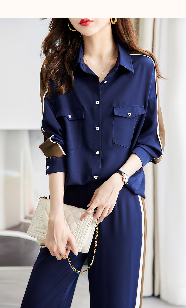 Dme [Casual Color Block Two-Piece Set] Spring And Autumn Turndown Collar Long-Sleeve Top with Mid-Rise Women's Pants Set, Fashionable 10
