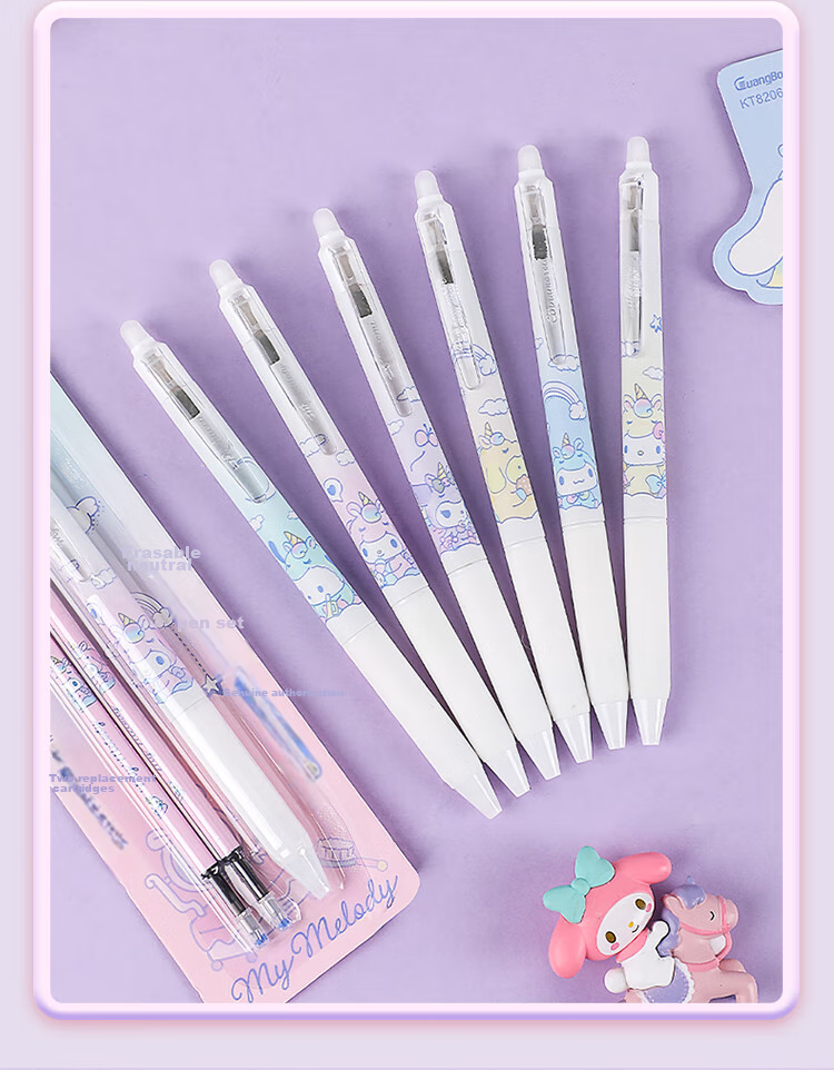 GuangBo Erasable Gel Pen, Sanrio Collaboration Retractable 0.5mm Black Student Magic Pen, Office Thermal Signature Pen 3 Pcs [Pink Packaging] KT82116-3 5