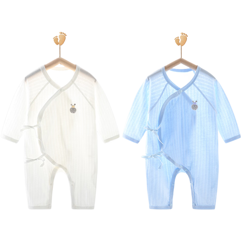 Babyprints Baby Romper 2-Pack, Infant Pure Cotton Clothing, Thin All-Season Home Wear, Breathable Onesie, White And Blue, Size 66