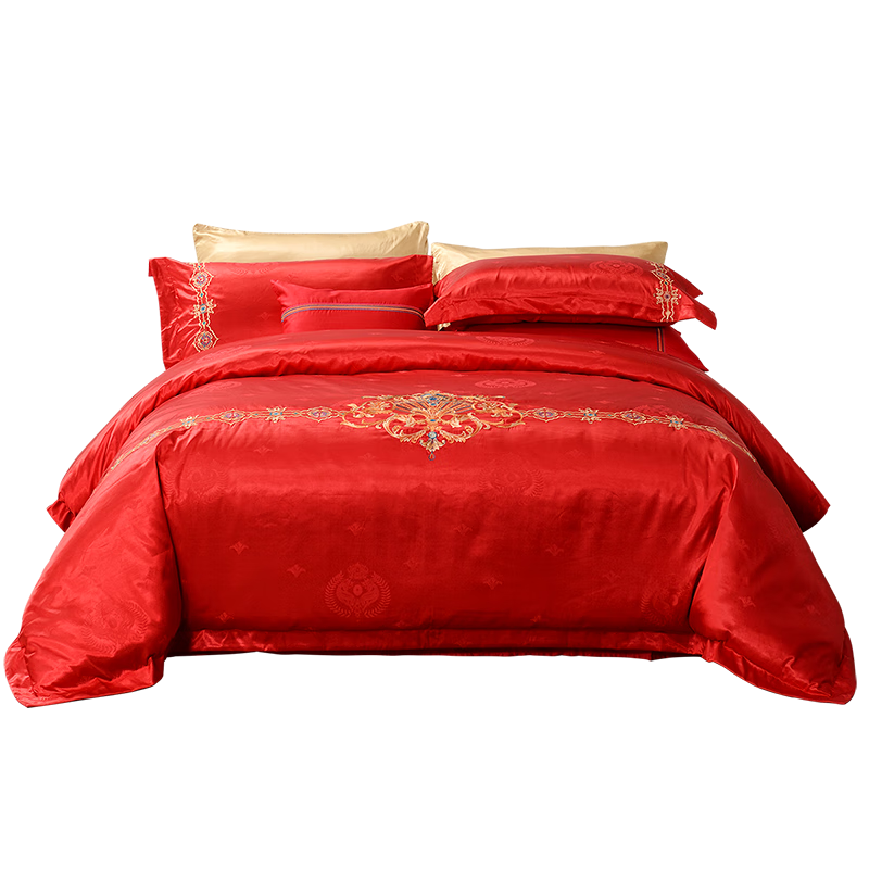 Fuanna Wedding Four-Piece Set Chinese Style Embroidered Red Bridal Bedding Set 1.5m Bed