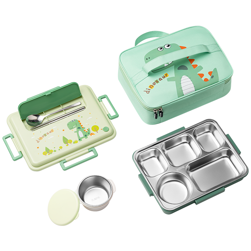 TAFUCO Student Lunch Box, 316L Stainless Steel, Five Compartments, Insulated, Children's Five-Compartment Plate with Utensils, T5326 Gree