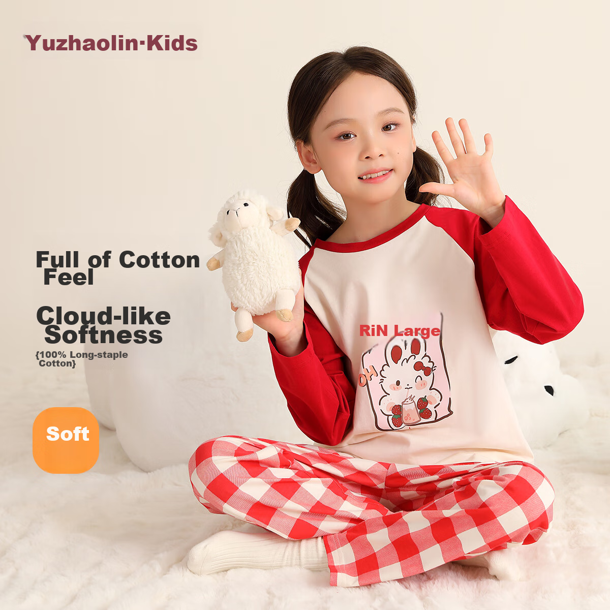 YUZHAOLIN Girls' Pajamas Spring Pure Cotton Children's Home Wear Set for Older Kids Simple Plaid Patter