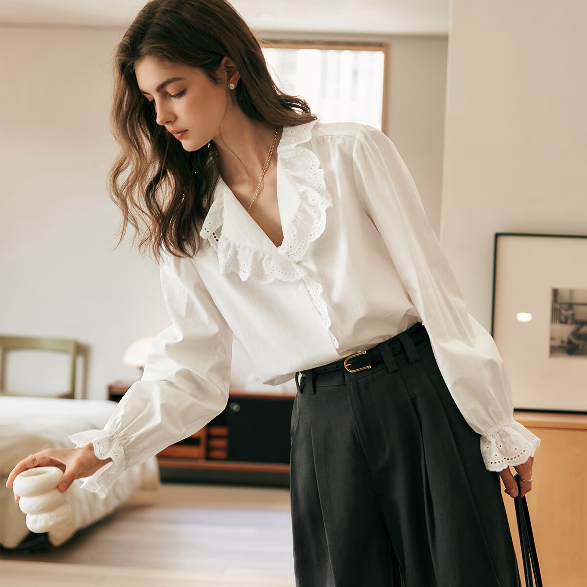Olrain French Lace Shirt Women's Autumn New Elegant Commuter Ruffled Collar Blouse Off-White M