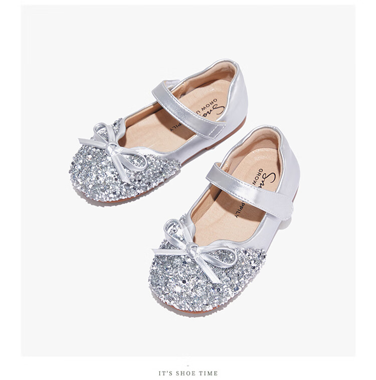 Snoffy Girls' Leather Shoes, Spring Children's Crystal Shoes, Shiny Diamond Princess Shoes, Comfortable Soft-Soled Flats for Little Girls, Moonlight Silver, Size 28 35