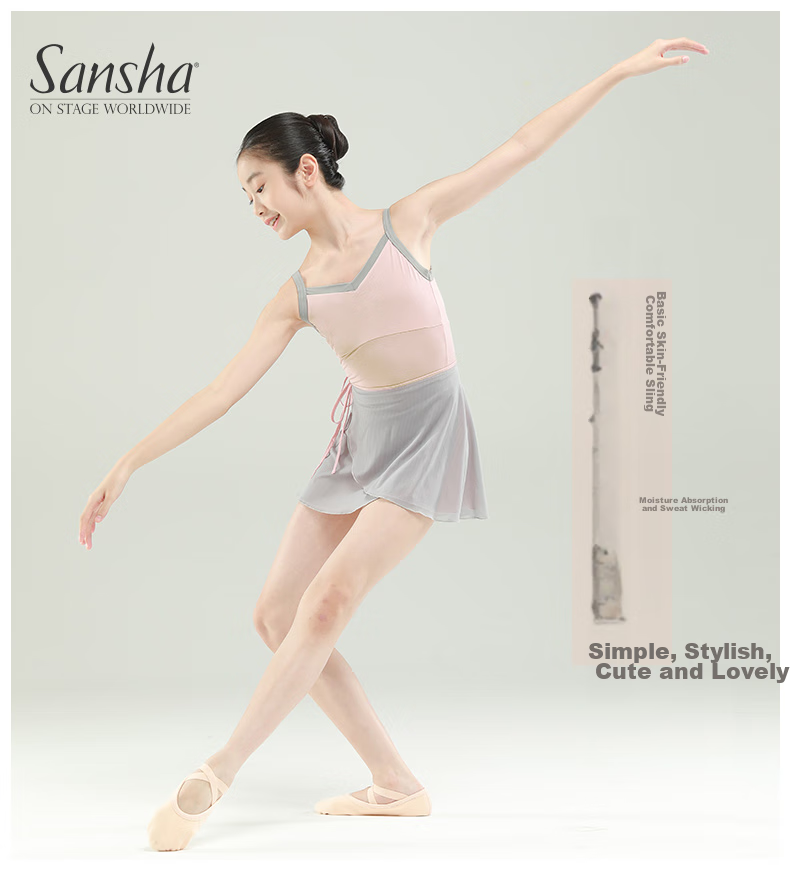 Sansha Girls' Ballet Leotard, Color-Block V-Neck Spaghetti Strap Bodysuit for Children's Dance Practice, Light Blue, Size S 1