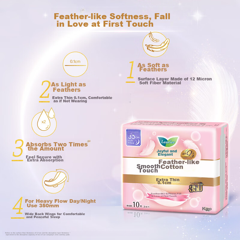 Laurier Kao Zero Touch Feather Cotton Ultra-Thin Winged Nighttime Sanitary Napkins, 35cm, 10 Pieces, Menstrual Pads, Sold by JD