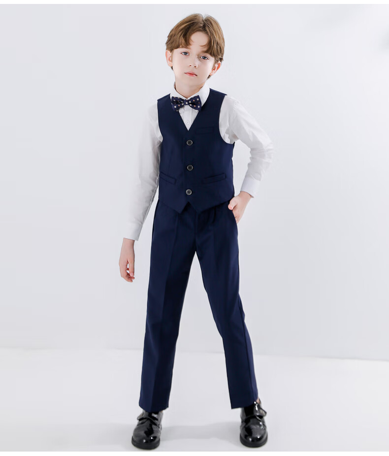 Yinuofang Children's Navy Blue Vest Suit Set Boys Performance Suit Navy Blue Vest Set 140CM 4