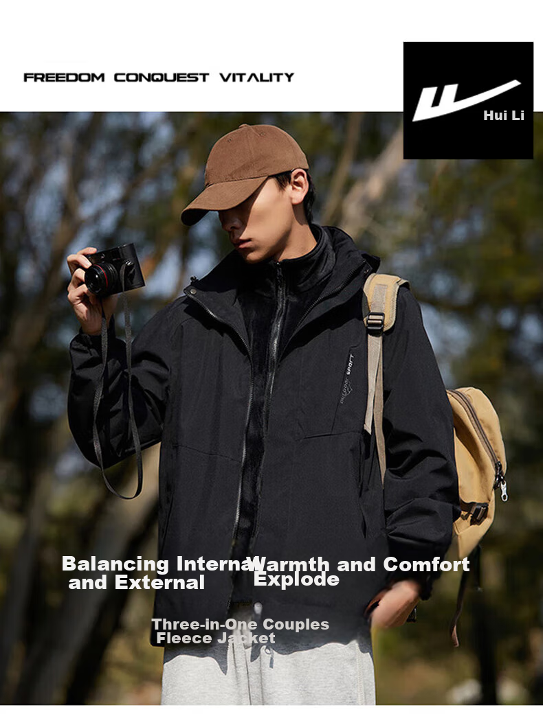 Huili Men's And Women's 3-In Outdoor Windproof Waterproof Mountaineering Jacket, Fleece-Lined Detachable Coat, Black 6