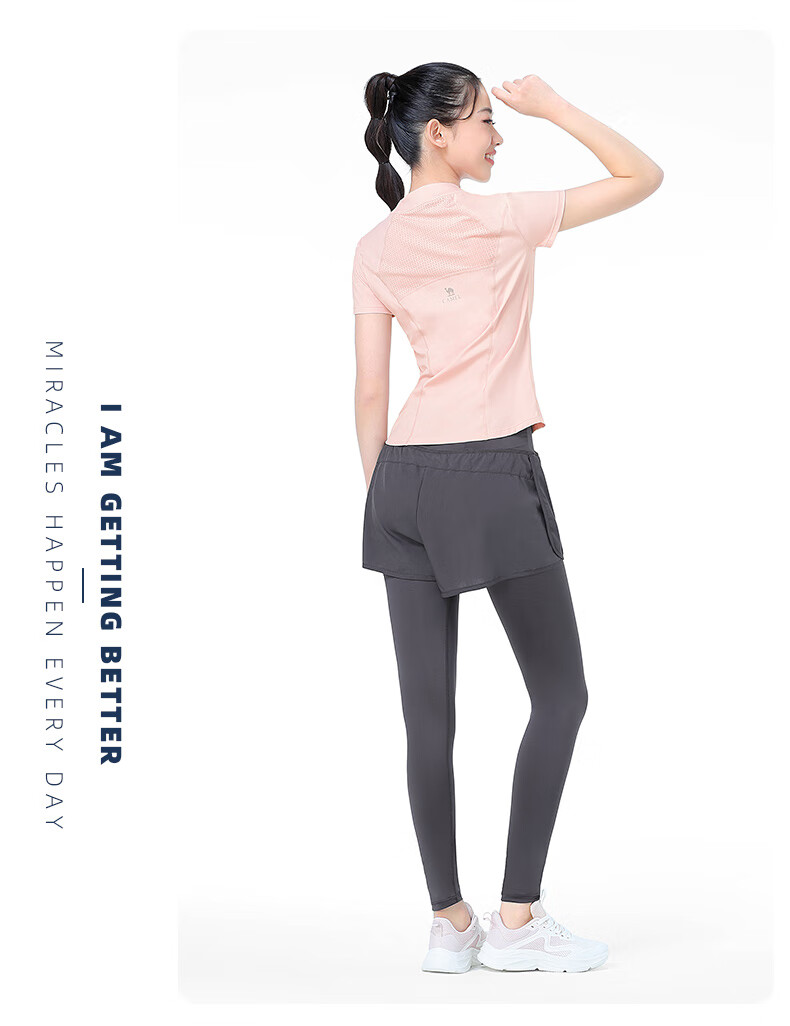 CAMEL Women's Sports Set, Summer New Style Running Yoga Fitness Short-Sleeve Shorts with Lining, Casual Elastic Sportswear 31