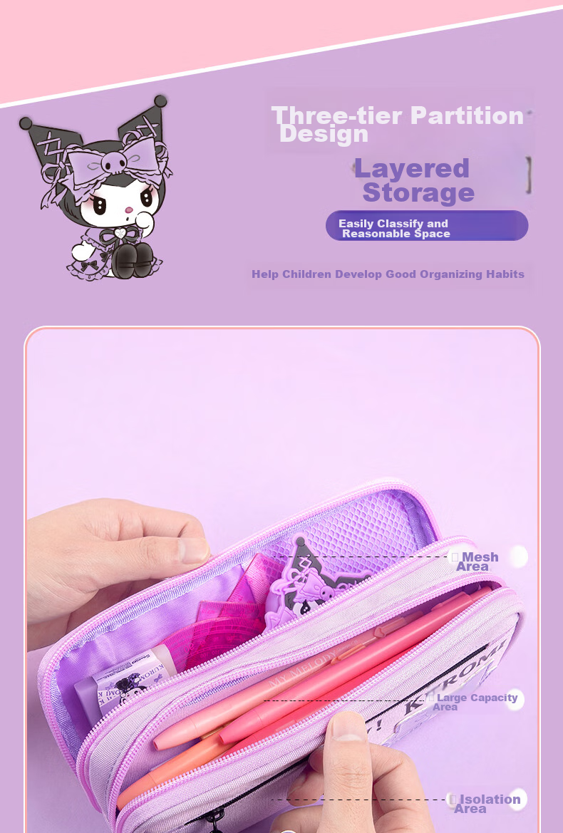 GuangBo Sanrio Collaboration Pencil Case, Large Capacity Stationery Box for Female Students, Multi-Layer Storage Exam Supplies, Birthday Gift, Kuromi, 1 Piece 10