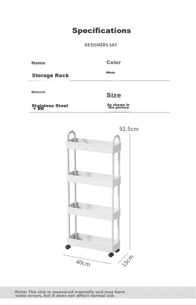 Ourunzhe Narrow Storage Rack, Kitchen Organizer Shelf, Slim Gap Trolley, Living Room And Bathroom Crevice Storage Shelf, Four-Tier with Handle 3