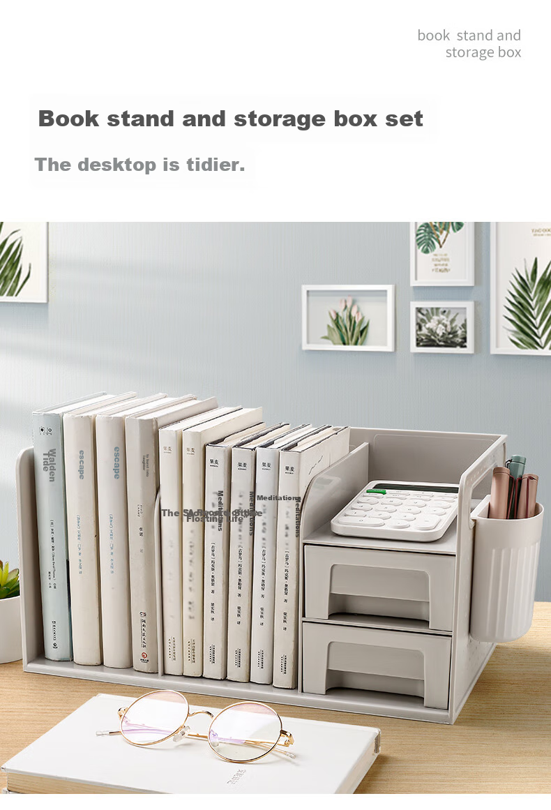 Jianfan Desktop Bookshelf Storage Box, Creative Bookend with Pen Holder, Office Desk Organizer, Multifunctional Drawer File Folder Storage Rack, Book Holder, Beige 3