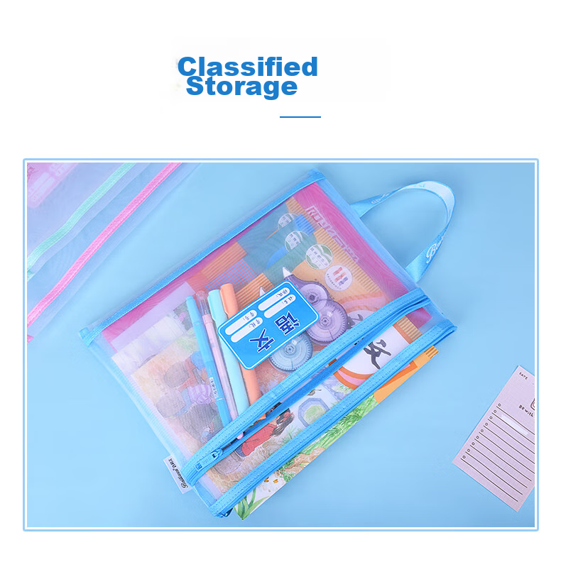 Bailiwen F6456 Double-Layer Mesh Subject Pouches, Set of 4, Subject Classification Storage Bags, A4 Size, Elementary School Students' Mesh Zipper Bags, Subject Pouches, Handheld Document Bags, Study Supplies Bookbags, Stationery Bags 3