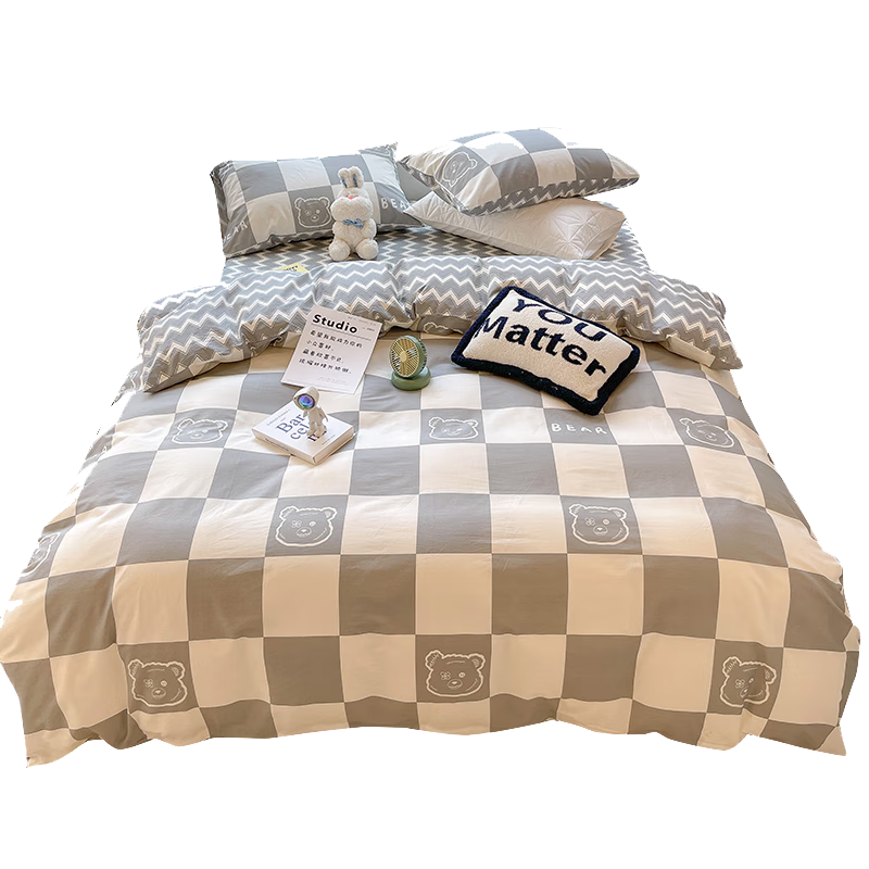 AVIVI Class A Washed Cotton Single Bed Dormitory Three-Piece Set, Bed Sheet, Brushed Duvet Cover, Gray Plaid Bear Pattern, Duvet Cover Size 150*200cm