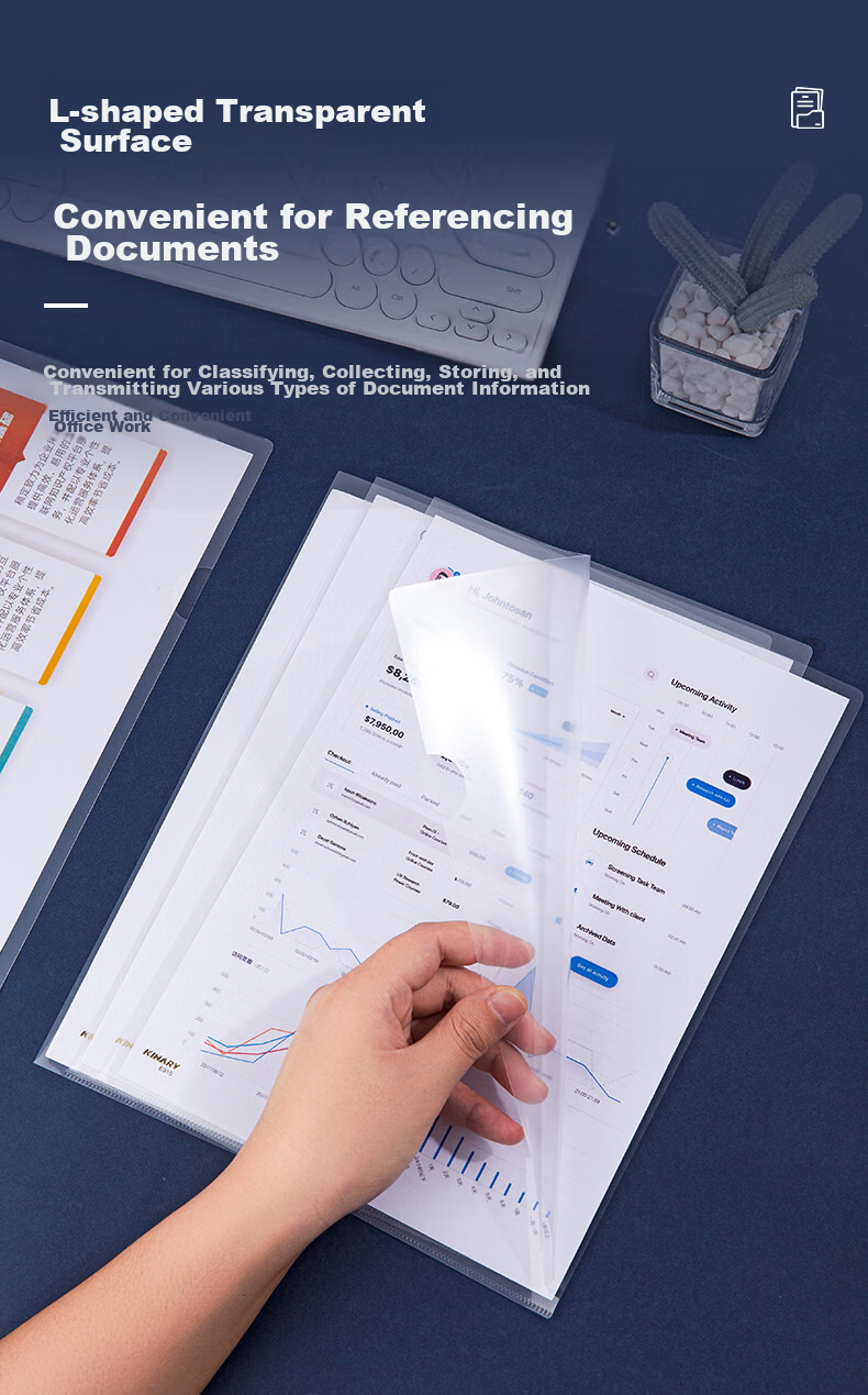 Jindeli 50-Pack Transparent Single-Sheet File Sleeves, L-Shaped A4 Resume Folder, File Holder, Single-Page Insert Pocket, Two-Page Document Folder E310-50 3