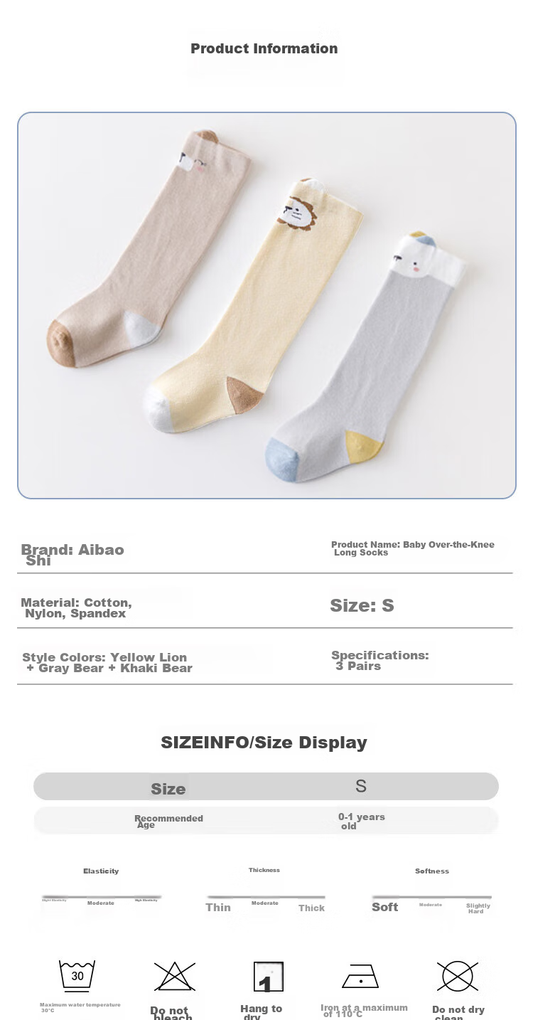 Aibaoshi Baby Socks Spring And Autumn Style, 0-1 Year Old Infant Over-Knee Long Socks, Newborn Socks, Size S, 3 Pairs Pack, Animal Pattern S569 2