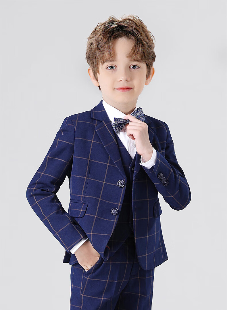 Romon Children's Suit Vest Set Boys Host Formal British Style Flower Boy Piano Performance Navy Plaid 130 5