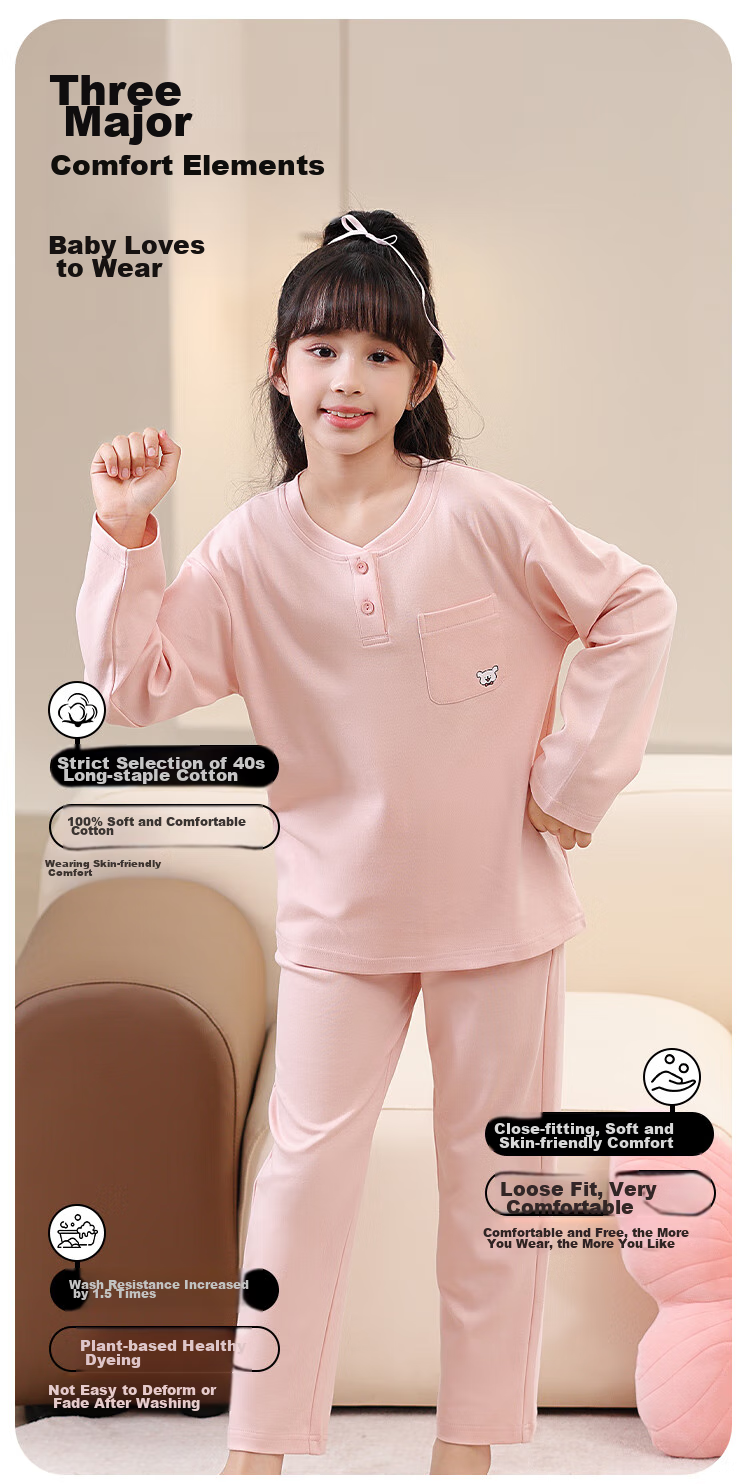 MiiOW Children's Pajamas for Girls, Size 40S, Pure Cotton, 5A Antibacterial, Home Wear Set, Half-Open Collar, Long Sleeves, Light Gray-Green, 150cm 4