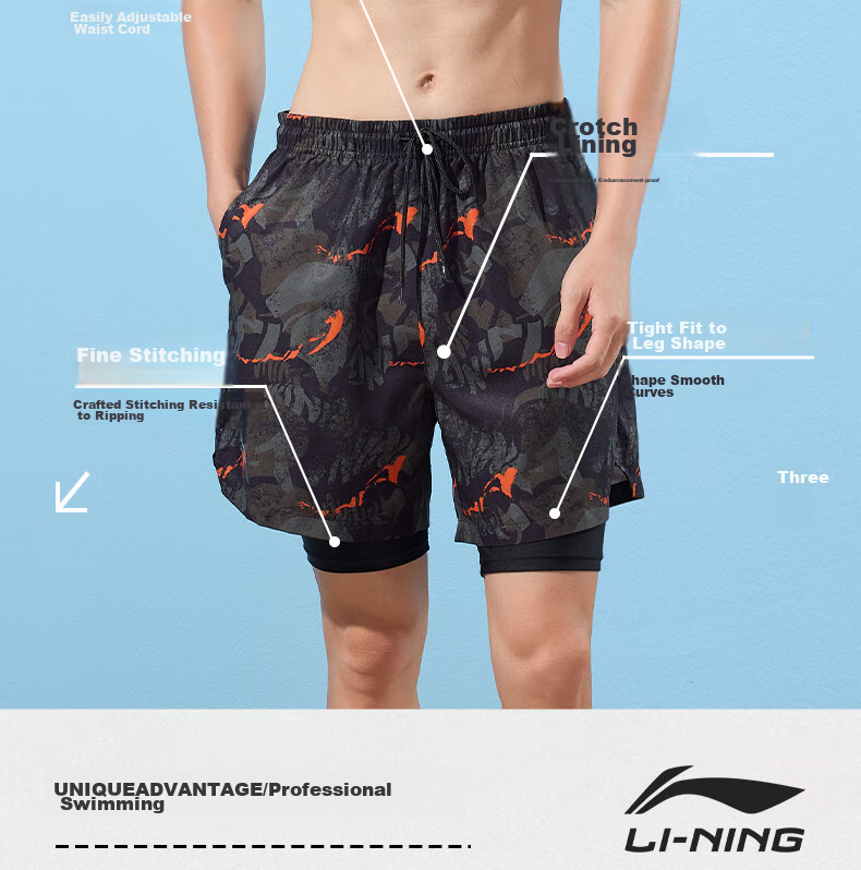 Li-Ning Swimming Trunks for Men, Anti-Embarrassment Knee-Length Double-Layer Swim Shorts, Comfortable High-Elasticity Water And Land Dual-Use Beach Shorts, 330 Black-Green XXL 6