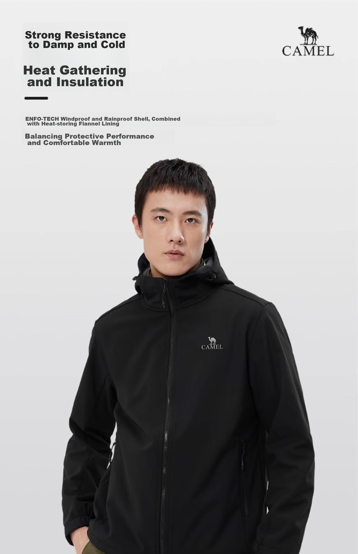 CAMEL Outdoor Soft Shell Jacket for Couples, Waterproof And Windproof, Fleece-Lined Hooded Coat, Trendy AA32263652A 3
