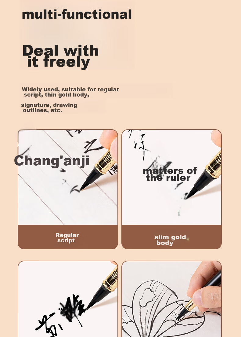 Deli Fountain Pen-Style Brush Pen, Soft Calligraphy Practice Pen for Small Regular Script, Refillable Ink, Adult Beginner Student Calligraphy Copybook Practice Pen with Soft Wolf Hair Tip, Portable Sutra Writing Pen for Business, Black And Gold 10