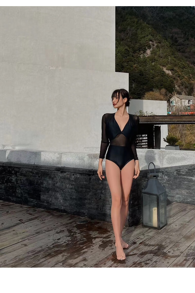 OMOM One-Piece Swimsuit for Women, Black High-Waist Slimming Tummy-Covering Mesh Spliced Long Sleeve Student Hot Spring Swimming Suit L 11