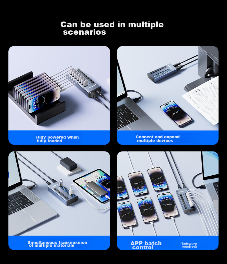 Acasis USB 3.1 Hub, 7-Port Expansion Dock, Independent Control Hub, Individual Switch Expansion Adapter, Compatible with Apple Mac Laptops, Expansion Dock HS-707MG 10Gbps 9