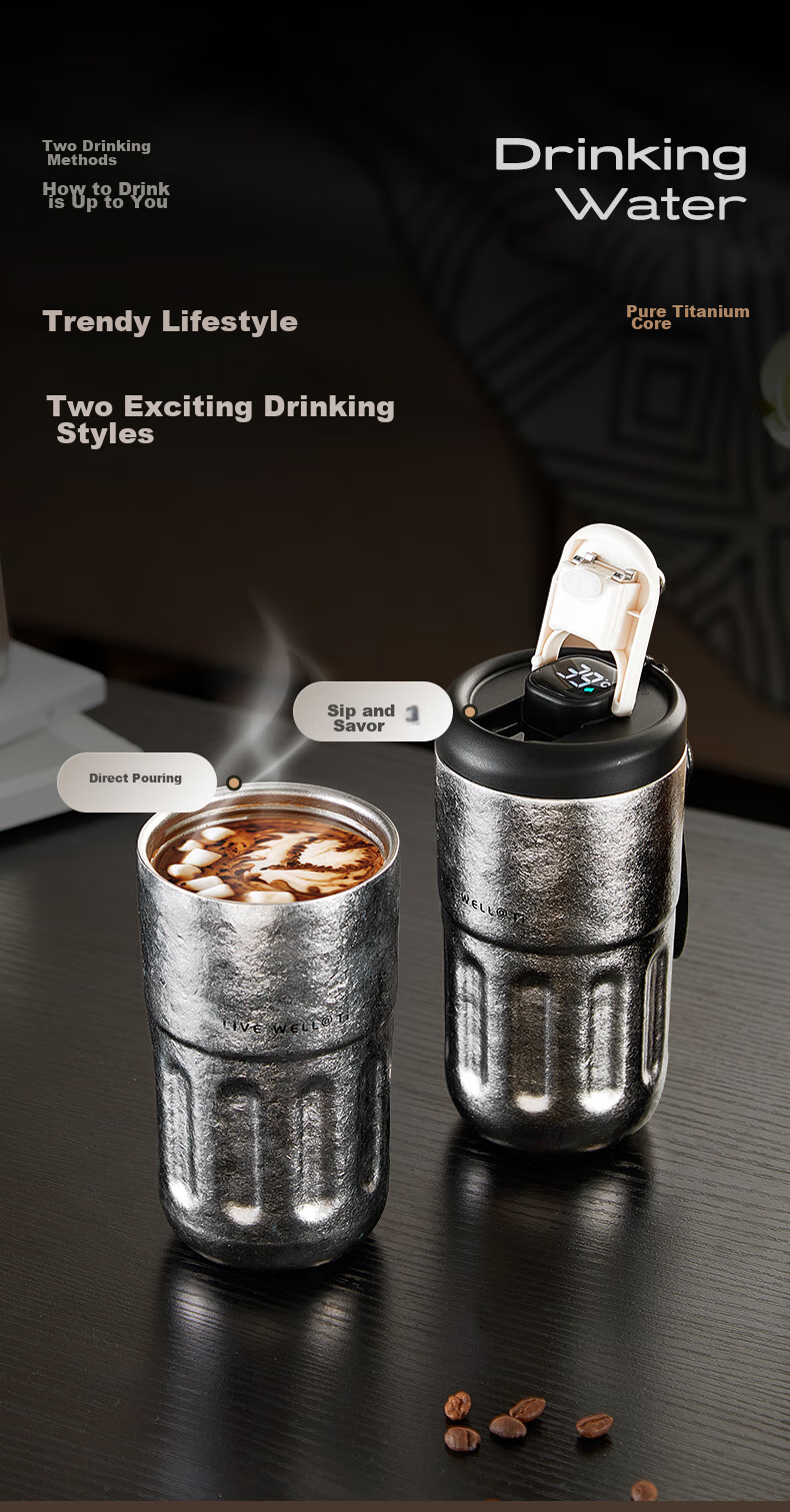 RELEA Pure Titanium Insulated Mug, Titanium Cup for Men And Women, Stylish Large Capacity Smart Coffee Cup Gift Box Water Bottle Birthday Present 12
